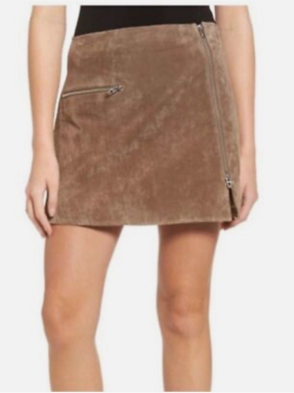 Blank NYC Taupe Suede Zip-Front Mini Skirt